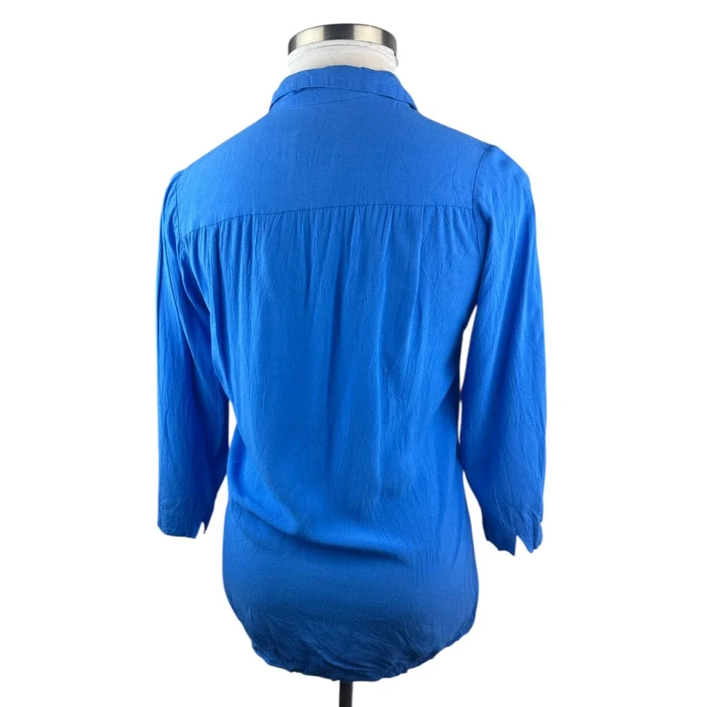 Jams World Solid Dutch Blue Button Blouse Crinkle Shirt Sz Small 3/4 Sleeve Top - Picture 10 of 16